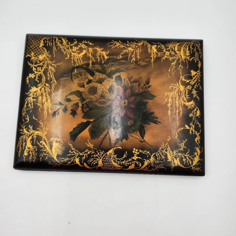 Antique ART Victorian Edwardian lacquer PAPIER MACHE BOOK COVER FLOWERS